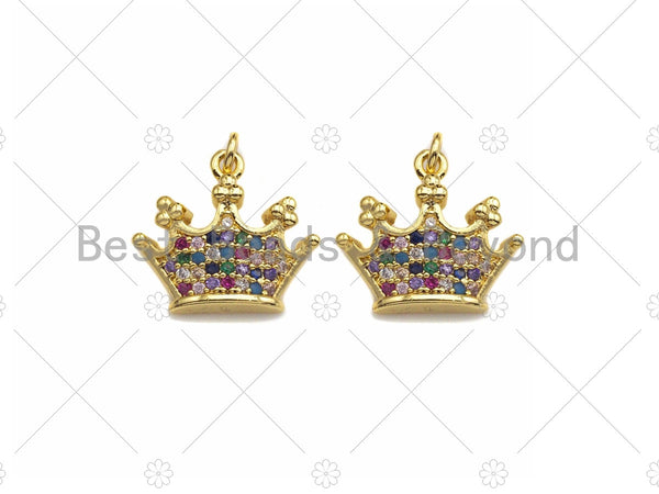 18K Gold Multicolor Micro CZ Pave Crown Pendant, Gold Crown Charm,  Crown Beads, Jewelry Findings, 15x13mm,sku#LK39