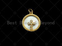 18K Gold CZ Micro Pave Cross on Mother-of-pearl Pendant Charm, Cubic Zirconia Cross Charm,16mm,sku#Z1119