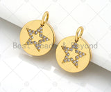 CZ Clear Micro Pave Five Point Star On Round Coin Pendant, Star Pave Pendant, Dainty Gold Coin Charm, 12mm, Sku#Z1140