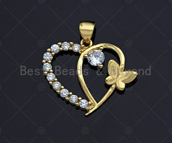 18K Gold Butterfly On Heart Shape Pendant,Heart Charm, Heart Pave Pendant, Gold plated, 19x22mm, Sku#LK52
