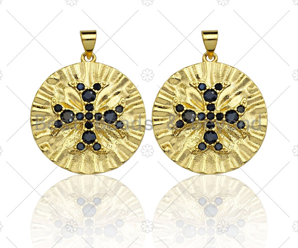 18K Gold Black CZ Cross On Round Coin Shape Pendant, Gold Coin Charm, Cross Pave Pendant, Men's Jewerly Findings, 25mm, Sku#LK61