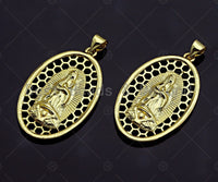 18K Gold Virgin Mary On Oval Emblem Pendant, Hollow Out Oval Charm, Virgin Mary Pendant, Dianty Gold Medallion Charm,31x19mm, Sku#F1145