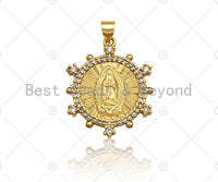 18K Gold Virgin Mary On Round Coin Emblem Shape Pendant, Round Charm, Virgin Mary Pave Pendant, Dainty Gold Charm,26x24mm, Sku#F1147