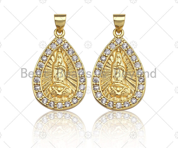 18K Gold Virgin Mary On Teardrop Emblem Shape Pendant, Teardrop Charm, Virgin Mary Pave Pendant, Dainty Gold Charm,25x16mm, Sku#F1148