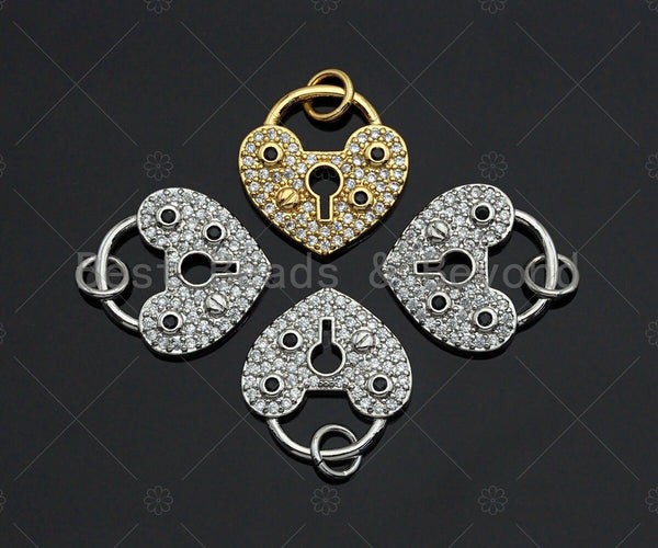 CZ Micro Pave Heart Pad Lock Shape Pendant/Charm,Heart Cubic Zirconia Pendant, Silver/Gold Tone, Gold love lock, 15mm,Sku#F1163