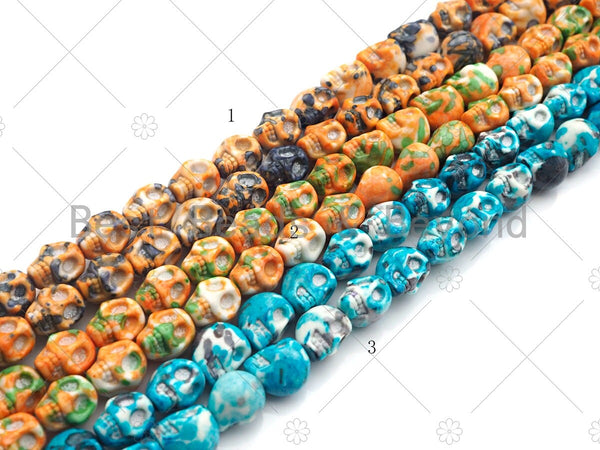 Yellow Blue Orange Mottled Jade Carved Skull Beads, Round Smooth 10mm/12mm, Dyed Jade Gemstone Beads, 15.5" Full Strand, sku#UA103