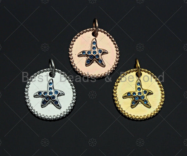Turquoise CZ Micro Pave  Star Fish on Disc Pendant/Charm, Starfish Embossment Cubic Zirconia Pendant, 14mm, Sku#Y259