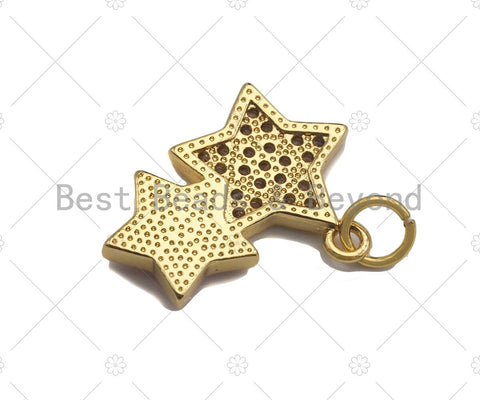 Two Star Pink Pendant/Charm, Pink Mother-of-pearl Star Pendant, Cubic Zirconia Pendant, Gold Tone, 18x15mm, Sku#LK68