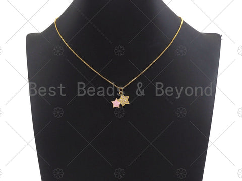 Two Star Pink Pendant/Charm, Pink Mother-of-pearl Star Pendant, Cubic Zirconia Pendant, Gold Tone, 18x15mm, Sku#LK68