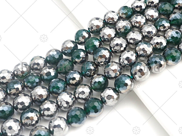 Top Quality Half Silver Plated Green Agate Beads, 8mm/10mm/12mm Round Faceted Green Agate beads, 15.5" Full Strand, sku#UA96
