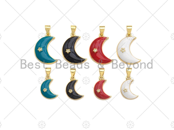 18K Gold CZ Micro Pave Enamel Moon with Star Charm, Black/White/Red/Blue Moon Charm, 10x16mm/14x21mm, sku#LK36 Bestbeads&Beyond