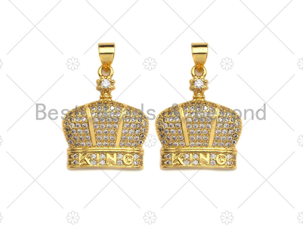 18K Gold Micro CZ Pave King Crown Pendant, Gold Crown Charm, Crown Beads, Jewelry Findings, 18x22mm,sku#LK42
