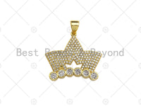 18K Gold Micro CZ Pave King Crown Pendant, Gold Crown Charm,  Crown Beads, Jewelry Findings, 25x22mm,sku#LK44