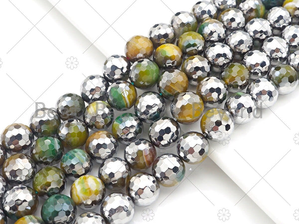 Half Silver Plated Natural Olive Green Agate Beads, 10mm/12mm Round Faceted Olive Agate Beads, 15.5" Full Strand, sku# UA127