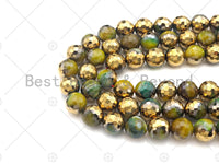 Half Gold Plated Olive Green Agate Beads, 8mm/10mm/12mm Round Faceted Gold Olive Green Beads, 15.5" Full Strand, sku# UA134