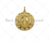 Colorful CZ Micro Pave Embossed Virgin Mary On Round Coin Charms, 18K Gold Filled Virgin Mary Pendant, Necklace Charms, 19x21mm, Sku#Z1169