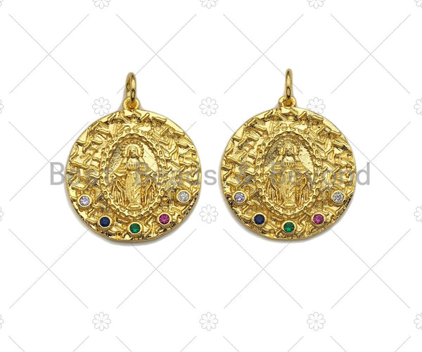 Colorful CZ Micro Pave Embossed Virgin Mary On Round Coin Charms, 18K Gold Filled Virgin Mary Pendant, Necklace Charms, 19x21mm, Sku#Z1169