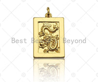 Shiny Gold Medallion Dragon Dog Tag Pendant, Dragon Rectangle Charms, Men's Jewlery Charm,15x23mm, Sku#Z1173