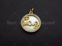 18K Gold CZ Micro Pave Love on Mother-of-pearl Pendant Charm, Cubic Zirconia Love Heart Charm, 16mm,sku#Z1117