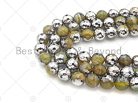 Natural Half Silver Plated Olive Green Agate Beads, 8mm/10mm/12mm Round Faceted Agate Beads, 15.5" Full Strand, sku# UA121