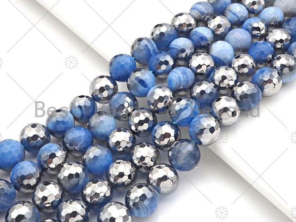Natural Half Silver Plated Light Blue Agate Beads, 8mm/10mm/12mm Round Faceted Agate Beads, 15.5" Full Strand, sku# UA123