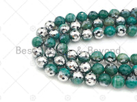 Natural Half Silver Plated Green Agate Beads, 8mm/10mm/12mm Round Faceted Blue Agate Beads, 15.5" Full Strand, sku# UA125