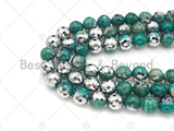 Natural Half Silver Plated Green Agate Beads, 8mm/10mm/12mm Round Faceted Blue Agate Beads, 15.5" Full Strand, sku# UA125