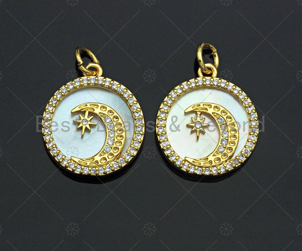 18K Gold CZ Micro Pave Moon Star Inlay Mother-of-pearl Pendant Charm, Cubic Zirconia Moon Star Charm, 16mm, sku#Z1134