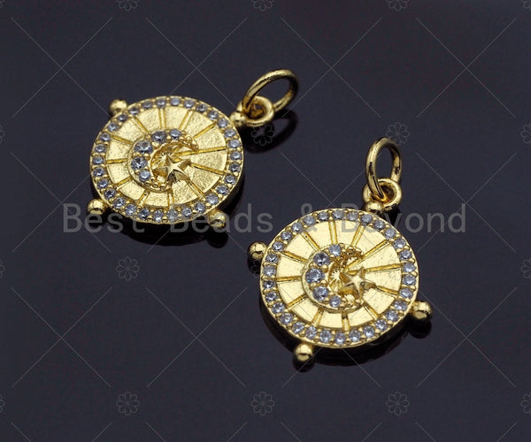 18K Gold CZ Micro Pave Star Moon Swirl Patten Charm, Dainty Gold Coin Charm, 15mm, Sku#Z1139