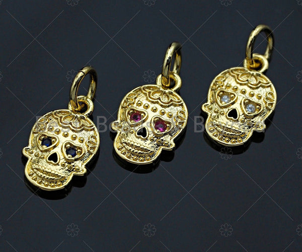 18K Gold Colorful Micro Pave Skull Pendant, Dainty Gold Skull Charm, Necklace Bracelet Charm,12x8mm, Sku#Z1143