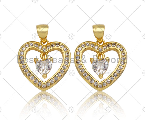 18K Gold Heart with Dangle Diamond Pendant, Heart Charm, Gold Heart Pave Pendant, Gold plated, 16mm, Sku#LK59
