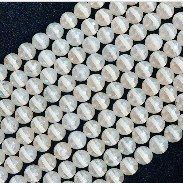 Mystic Plated White One Line Tibetan Agate, 8mm/10mm/12mm Round Facted Agate Beads, Natural White Tibetan Agate, 15.5"Full Strand,sku# UA100