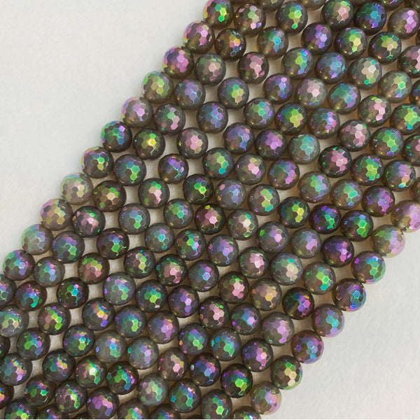 Mystic Plated Rainbow AB Grey Agate Beads, 6mm/8mm/10mm/12mm Natural Agate Beads, 15.5" Full Strand, sku#UA59G