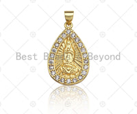 18K Gold Virgin Mary On Teardrop Emblem Shape Pendant, Teardrop Charm, Virgin Mary Pave Pendant, Dainty Gold Charm,25x16mm, Sku#F1148
