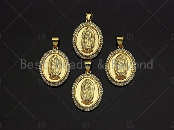 18K Gold Virgin Mary On Oval Emblem Shape Pendant, Oval Charm, Virgin Mary Pave Pendant, Dainty Gold Charm,21x15mm, Sku#F1154