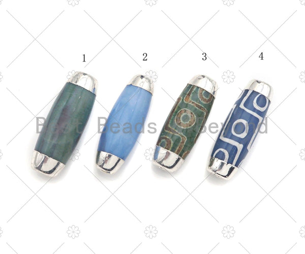 14x41mm Large Natural Tibetan Agate Barrel Shape Spacer Beads, Silver Tone, Oval Tibetan Agate Beads, sku#U963