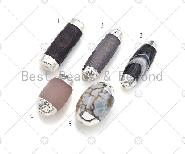 Large Natural Tibetan Agate Barrel Shape Spacer Beads, Silver Wrap Finish, Oval/Tube Tibetan Agate Beads, sku#U964