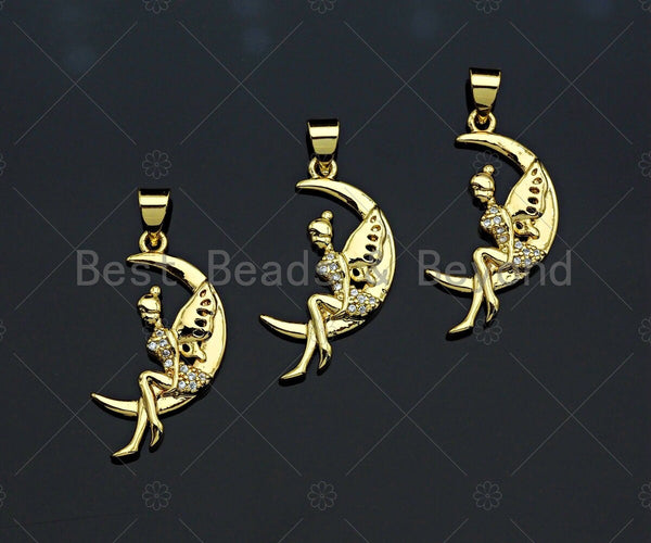 CZ Micro Pave Angel On Cresent Moon Shape Pendant, Gold Plated Charm Pendant, Necklace Bracelet Charm Pendant, 13x26mm,sku#F1235