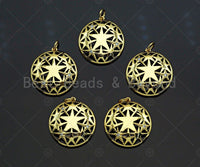 CZ Micro Pave Five Star Hollow Out On Round Shape Pendant, Gold Plated, Necklace Bracelet Charm Pendant, 27x28mm,sku#F1238