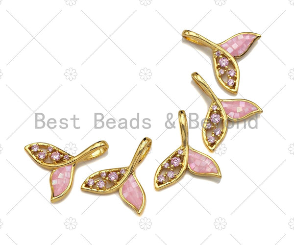 Cute Shark Tale Pink Pendant/Charm, Pink Mother-of-pearl  Pendant, Cubic Zirconia Pendant, Gold Tone, 18x21mm, Sku#LK69