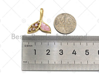 Cute Shark Tale Pink Pendant/Charm, Pink Mother-of-pearl  Pendant, Cubic Zirconia Pendant, Gold Tone, 18x21mm, Sku#LK69