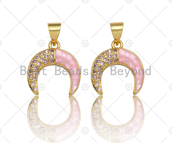 Pink Pendant/Charm, Pink Mother-of-pearl Horn Pendant, Cubic Zirconia Pendant, Gold Tone, 15x16mm, Sku#LK70