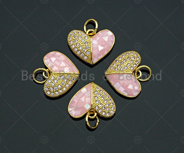 Heart Pink Pendant/Charm, Pink Mother-of-pearl Heart Pendant, Cubic Zirconia Pendant, Gold Tone,14x11 mm, Sku#LK72
