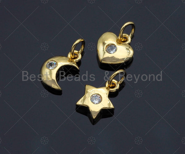 CZ Micro Pave  Cresent Moon Heart Star Shape Pendant, Gold Plated Jewelry, Necklace Bracelet Charm Pendant, 9x10mm,sku#LD04