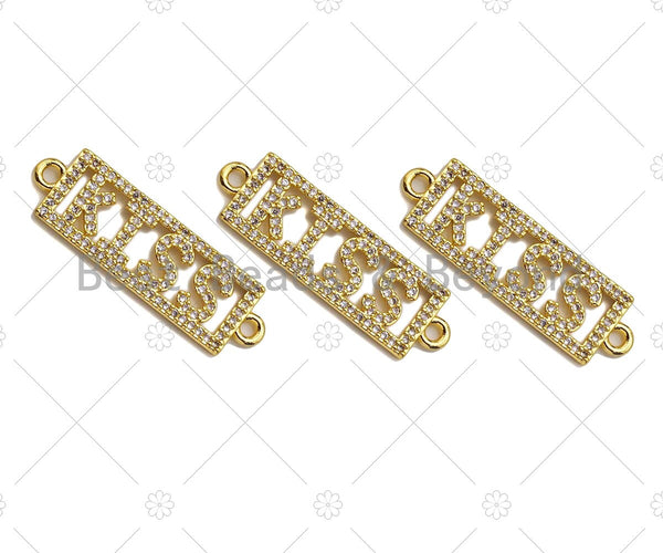 KISS on Rectangle Connector, Kiss Bracelet Link, Rectangle  Connector, Cubic Zirconia Pendant, Gold Tone, 10x31mm, Sku#LK85