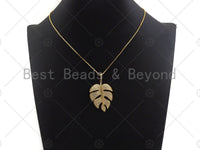 Large CZ Micro Pave Banana Leaf Shape Pendant,Leaf Cubic Zirconia Pendant, Silver/Gold /Rose Gold/Black Tone, 31x42mm,Sku#ML06