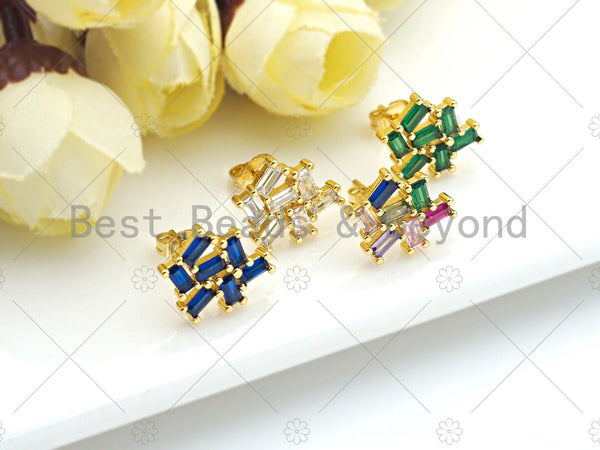 Baguette CZ Cluster Earrrings, CZ Pave Stud Earrings, Gold Stud Earring, Fashion Jewelry, 12x15mm,sku#ML08