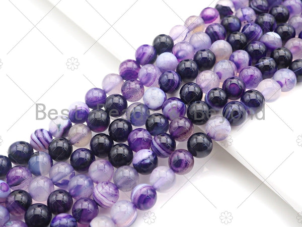 High Quality Purple Banded Agate Smooth, Round 6mm/8mm/10mm/12mm, Natural Purple Agate Beads, 15.5"Full Strand, sku#UA117