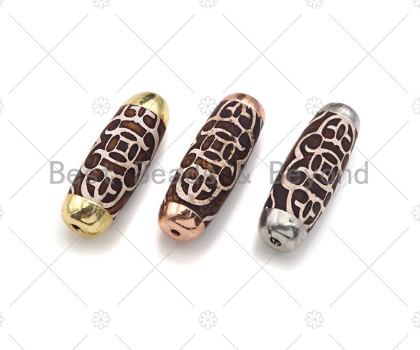 16x39mm Large Natural Tibetan Agate Barrel Shape Spacer Beads, Gold/Silver/Rose Gold Tone, Dzi Agate Spacer,Oval Tibetan Agate, sku#U1005
