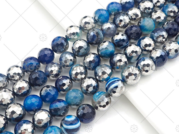 Natural Half Silver Plated Blue Agate Beads, 8mm/10mm/12mm Round Faceted Blue Agate Beads, 15.5" Full Strand, sku# UA128